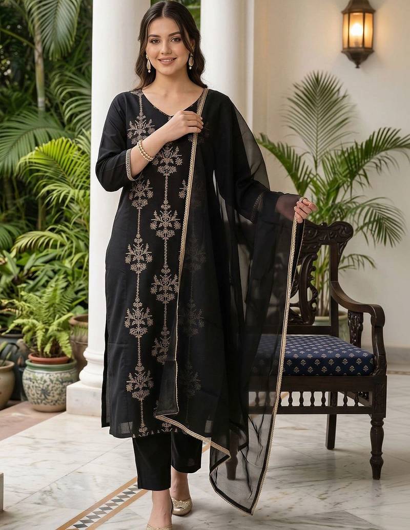 women ethnic motifs embroidered regular thread work liva kurta with trousers & with dupatta