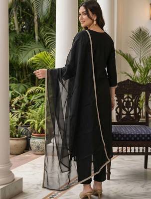women ethnic motifs embroidered regular thread work liva kurta with trousers & with dupatta 2