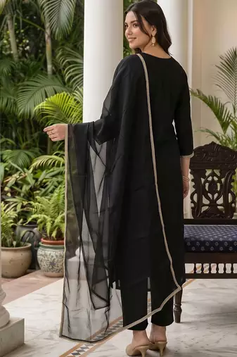 women ethnic motifs embroidered regular thread work liva kurta with trousers & with dupatta