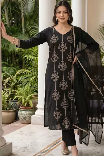 women ethnic motifs embroidered regular thread work liva kurta with trousers & with dupatta
