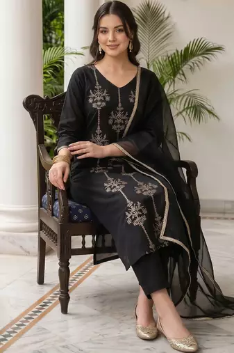women ethnic motifs embroidered regular thread work liva kurta with trousers & with dupatta