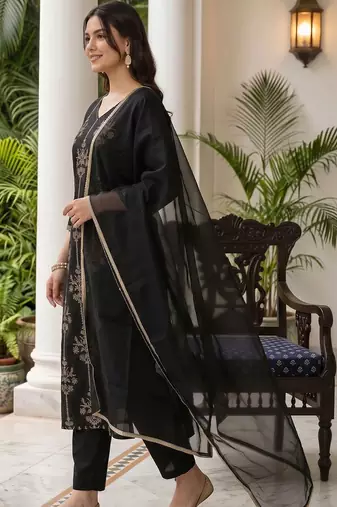 women ethnic motifs embroidered regular thread work liva kurta with trousers & with dupatta