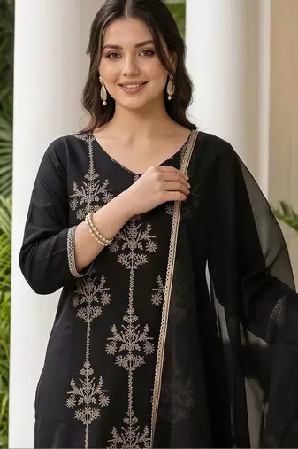 women ethnic motifs embroidered regular thread work liva kurta with trousers & with dupatta