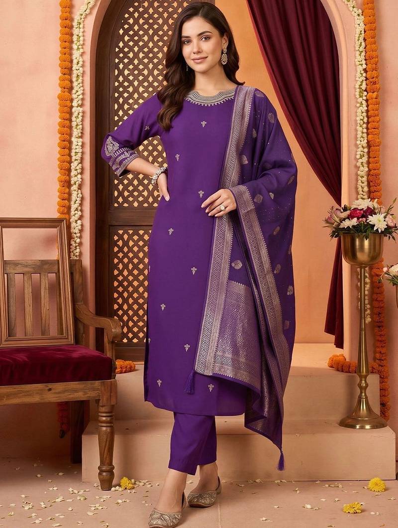 women ethnic motifs embroidered regular kurta with trousers & with dupatta