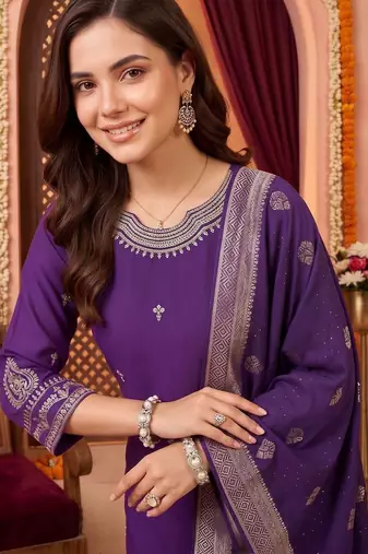 women ethnic motifs embroidered regular kurta with trousers & with dupatta