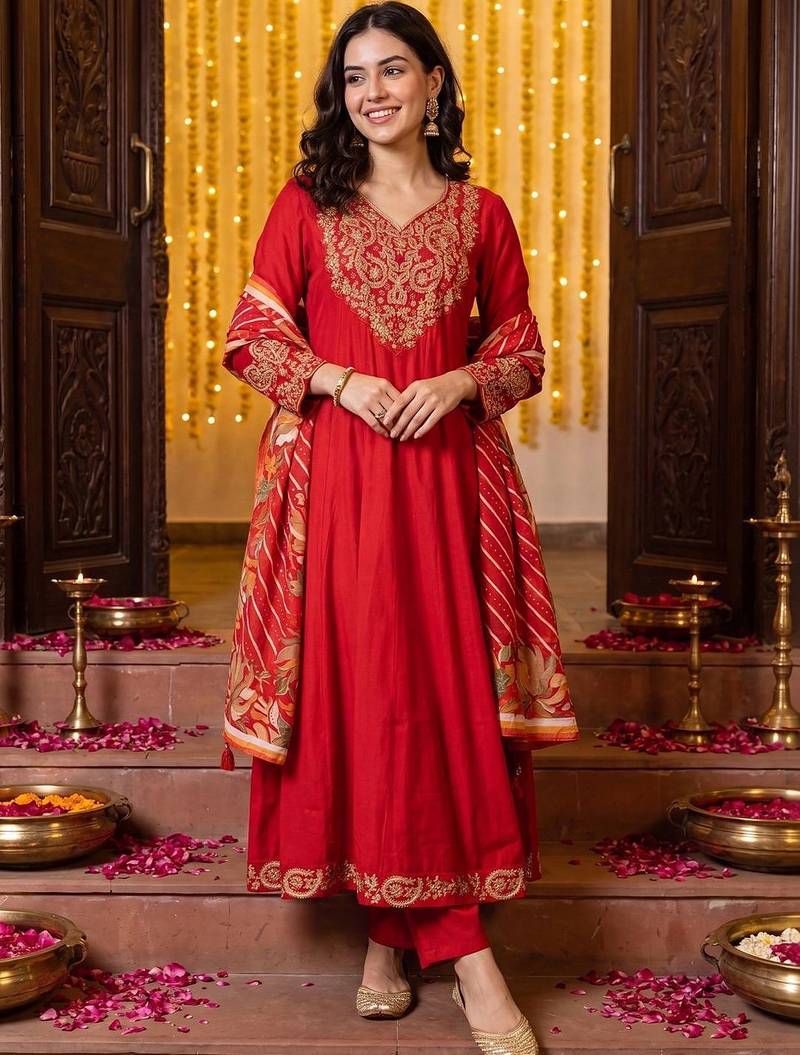 women floral embroidered regular thread work kurta with trousers & with dupatta