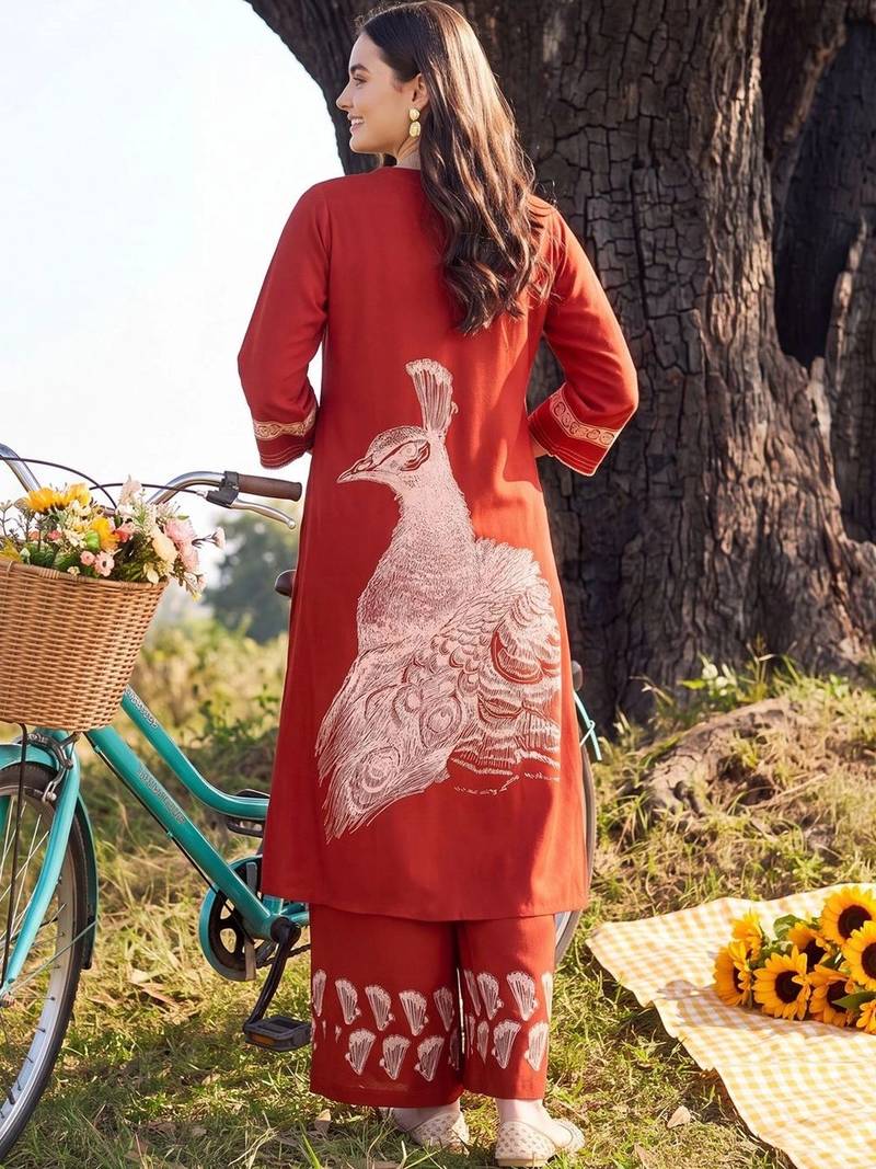 women ethnic motifs printed regular kurta with trousers