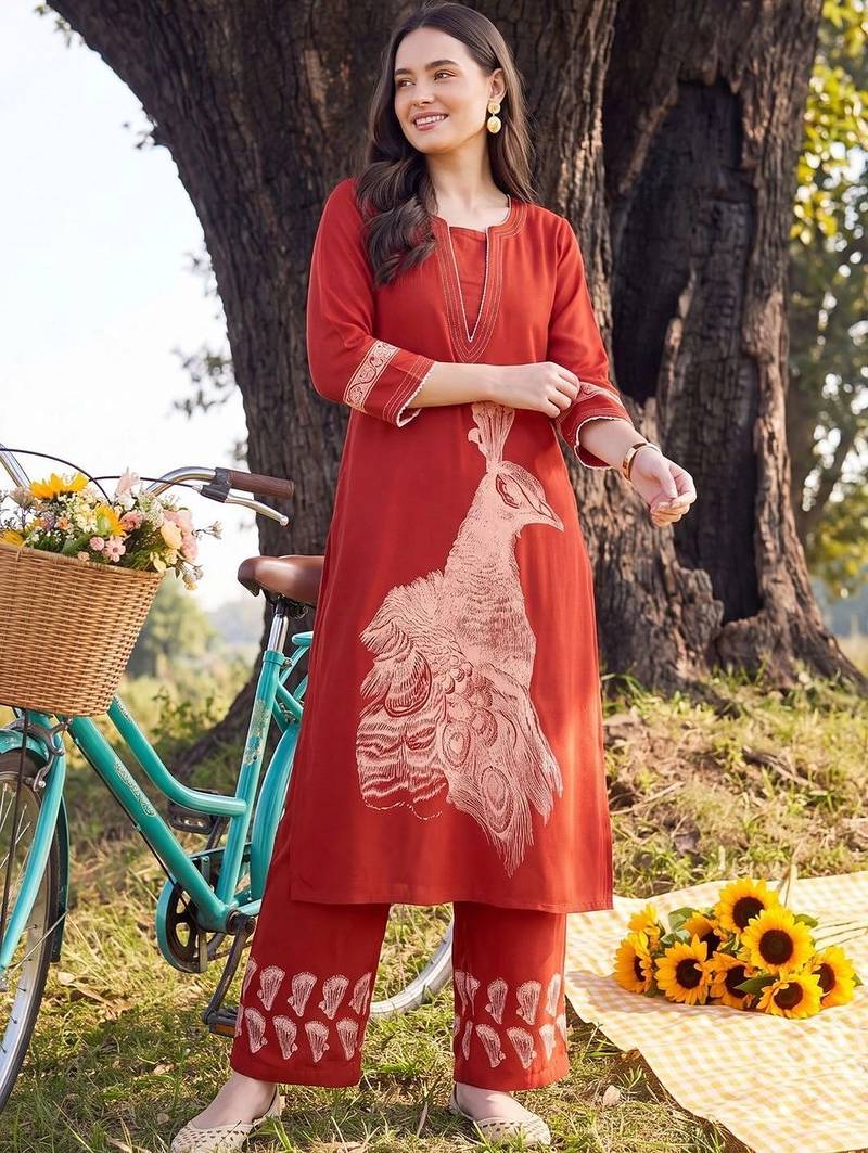women ethnic motifs printed regular kurta with trousers