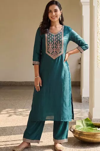women ethnic motifs embroidered regular thread work liva kurta with palazzos