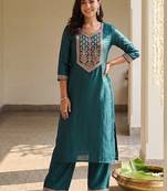 women ethnic motifs embroidered regular thread work liva kurta with palazzos