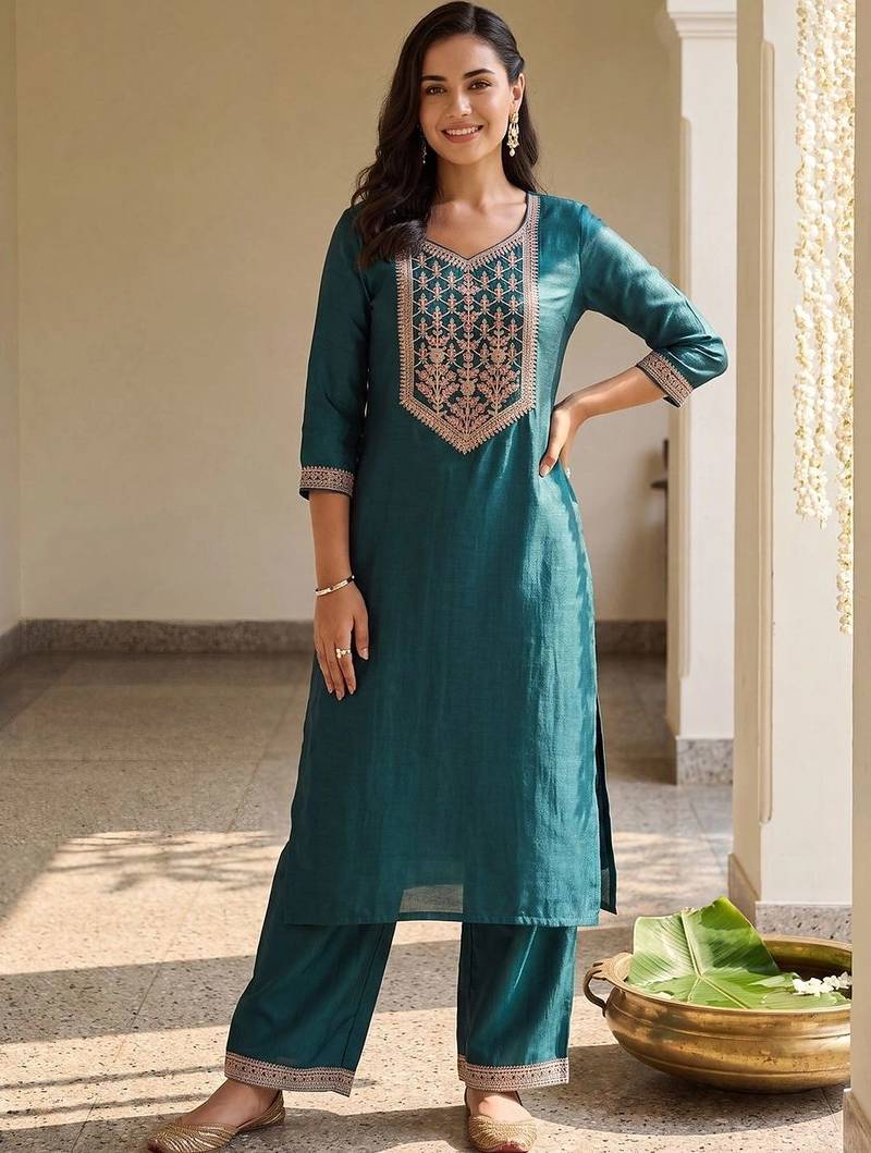 women ethnic motifs embroidered regular thread work liva kurta with palazzos