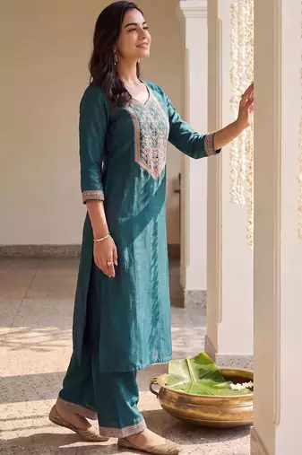 women ethnic motifs embroidered regular thread work liva kurta with palazzos