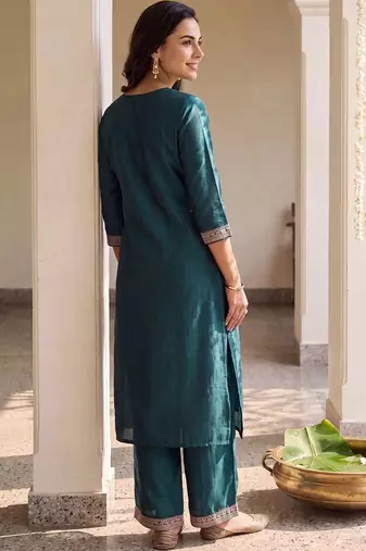 women ethnic motifs embroidered regular thread work liva kurta with palazzos