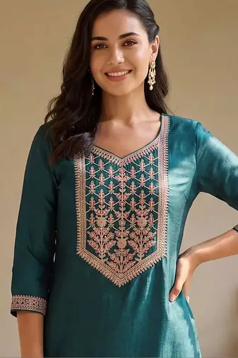 women ethnic motifs embroidered regular thread work liva kurta with palazzos