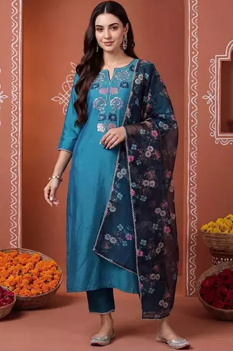 women floral embroidered regular sequinned kurta with trousers & with dupatta