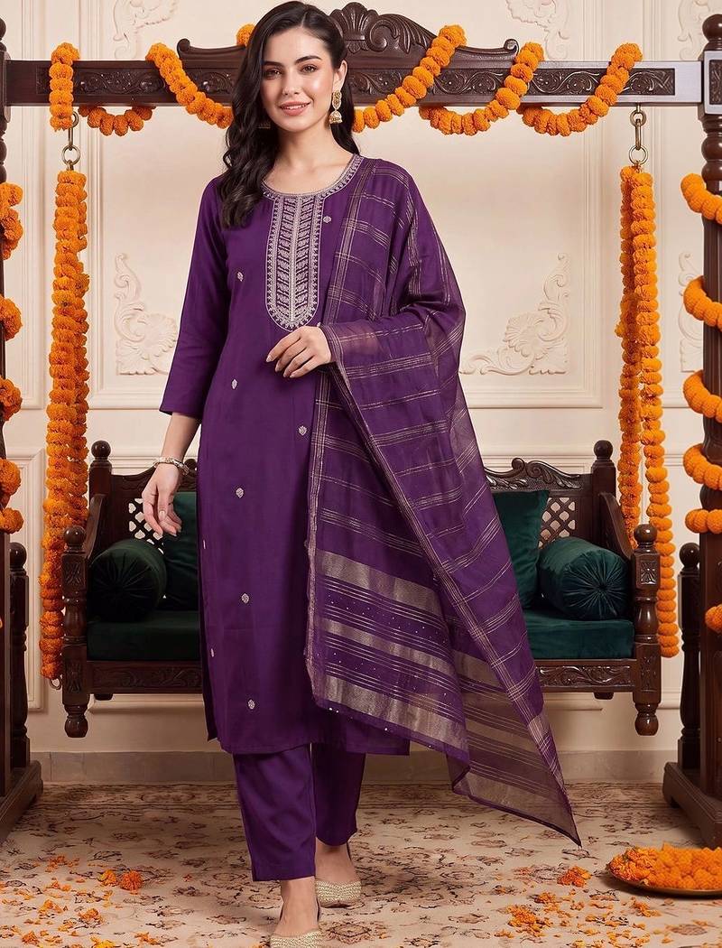 women ethnic motifs embroidered regular thread work kurta with trousers & with dupatta