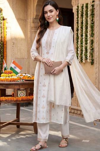 women ethnic motifs regular thread work kurta with trousers & with dupatta