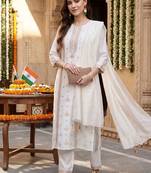 women ethnic motifs regular thread work kurta with trousers & with dupatta