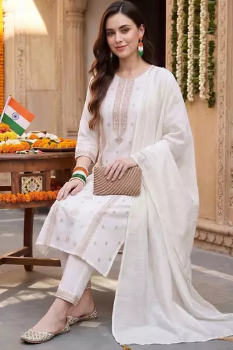 women ethnic motifs regular thread work kurta with trousers & with dupatta