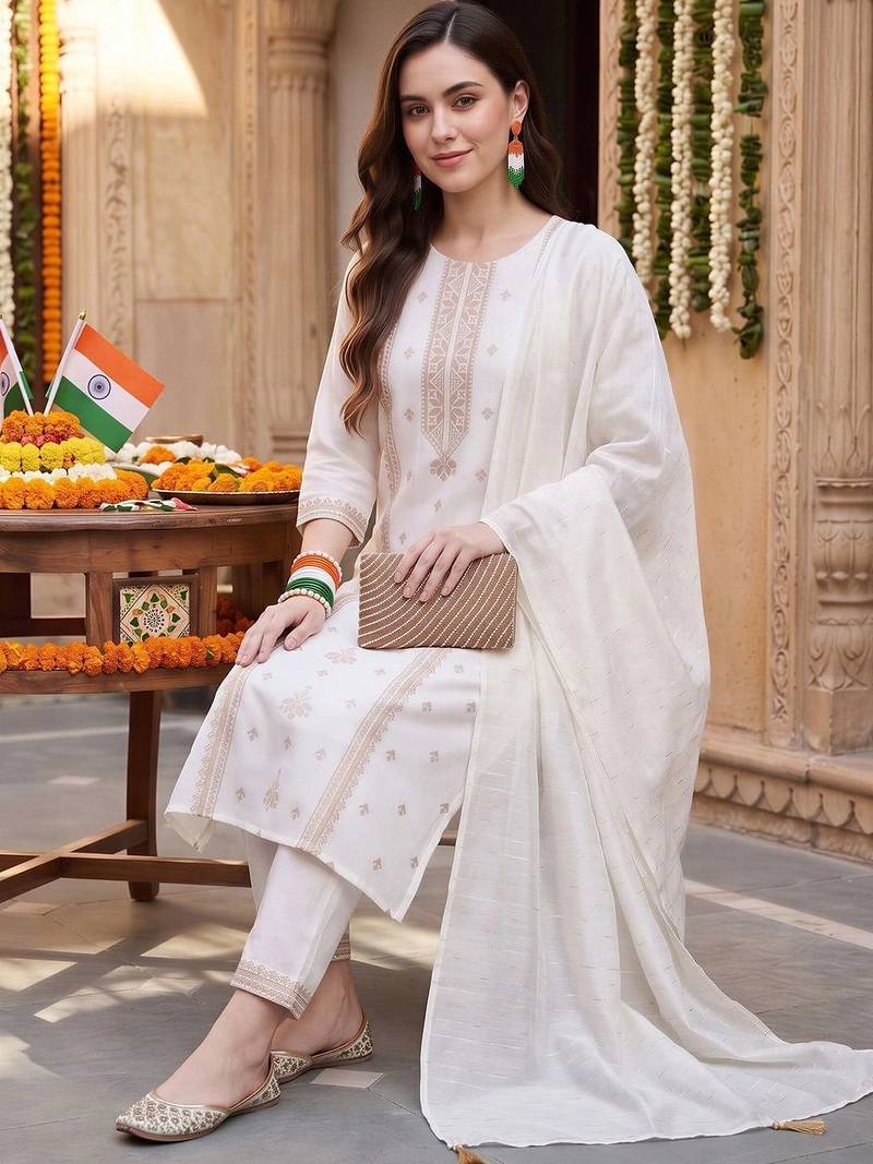 women ethnic motifs regular thread work kurta with trousers & with dupatta