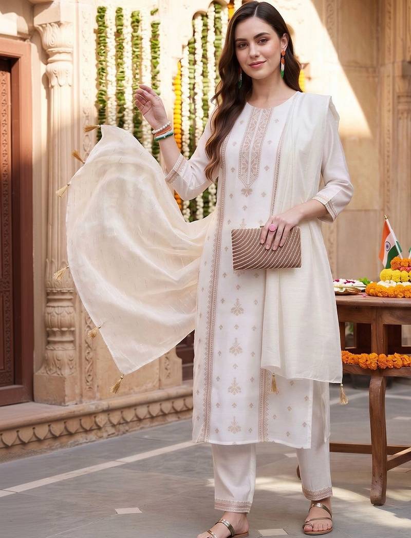 women ethnic motifs regular thread work kurta with trousers & with dupatta