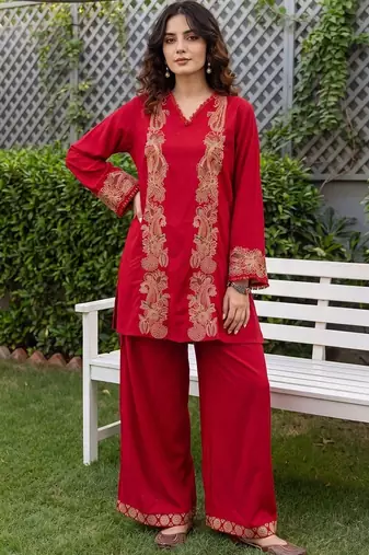 women ethnic motifs embroidered regular thread work kurta with palazzos