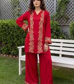 women ethnic motifs embroidered regular thread work kurta with palazzos