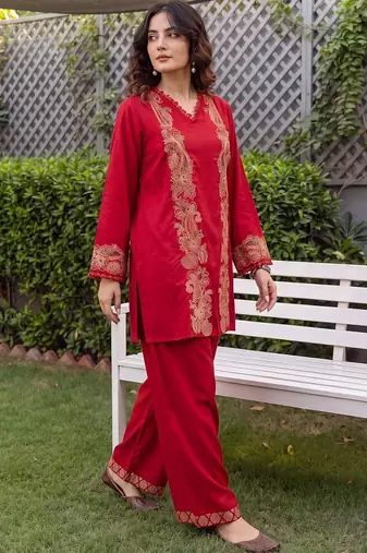 women ethnic motifs embroidered regular thread work kurta with palazzos