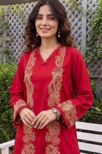 women ethnic motifs embroidered regular thread work kurta with palazzos