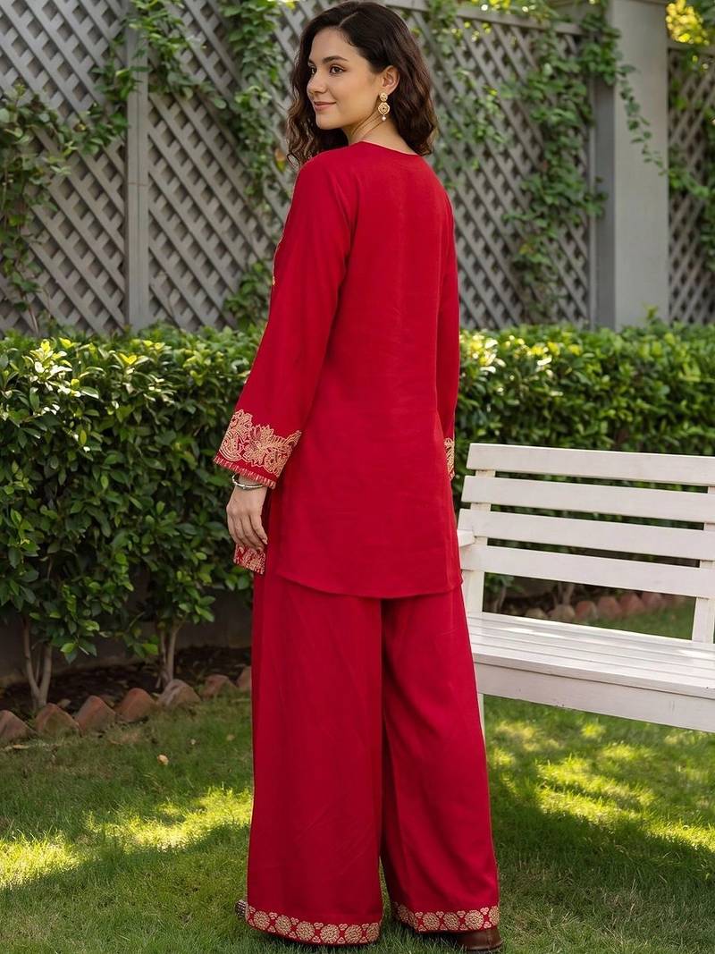 women ethnic motifs embroidered regular thread work kurta with palazzos