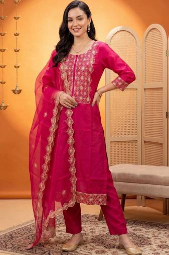 women ethnic motifs embroidered regular thread work kurta with trousers & with dupatta