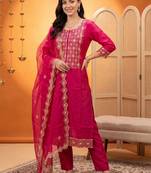 women ethnic motifs embroidered regular thread work kurta with trousers & with dupatta