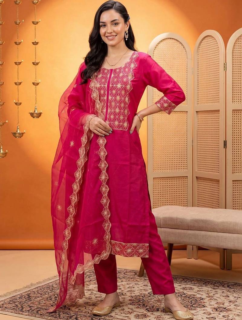women ethnic motifs embroidered regular thread work kurta with trousers & with dupatta