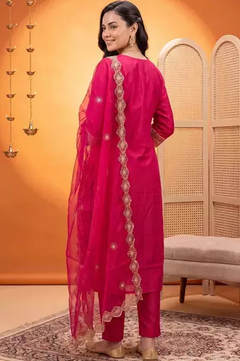 women ethnic motifs embroidered regular thread work kurta with trousers & with dupatta