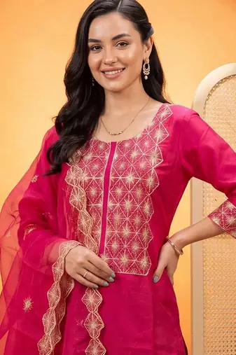 women ethnic motifs embroidered regular thread work kurta with trousers & with dupatta