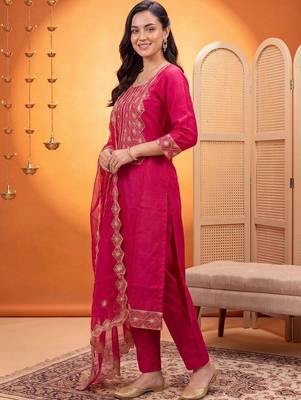women ethnic motifs embroidered regular thread work kurta with trousers & with dupatta 5