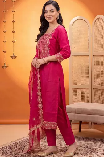women ethnic motifs embroidered regular thread work kurta with trousers & with dupatta