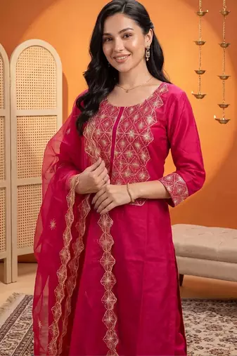 women ethnic motifs embroidered regular thread work kurta with trousers & with dupatta