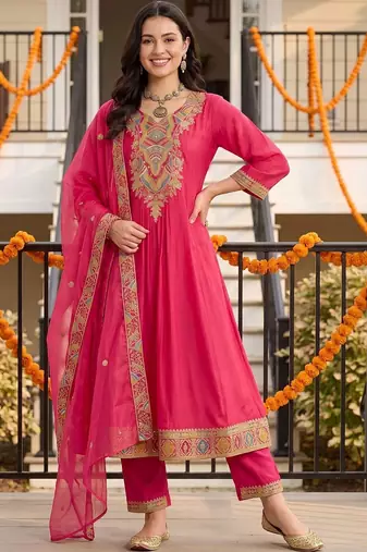 women ethnic motifs embroidered empire thread work kurta with trousers & with dupatta