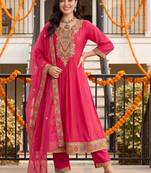 women ethnic motifs embroidered empire thread work kurta with trousers & with dupatta