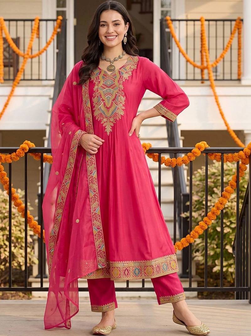 women ethnic motifs embroidered empire thread work kurta with trousers & with dupatta