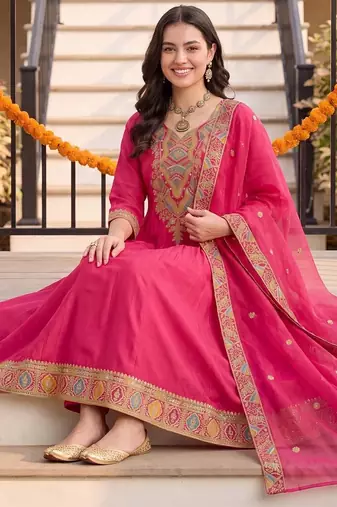 women ethnic motifs embroidered empire thread work kurta with trousers & with dupatta