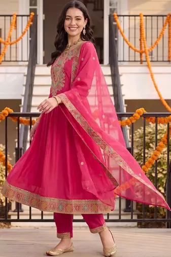 women ethnic motifs embroidered empire thread work kurta with trousers & with dupatta