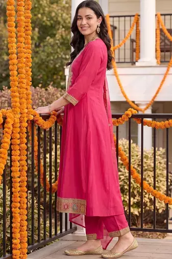women ethnic motifs embroidered empire thread work kurta with trousers & with dupatta