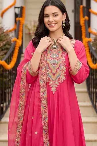 women ethnic motifs embroidered empire thread work kurta with trousers & with dupatta