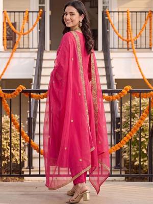 women ethnic motifs embroidered empire thread work kurta with trousers & with dupatta 6