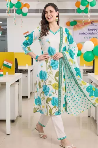 women floral printed regular cotton kurta with trousers & with dupatta