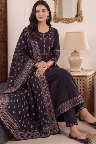 women ethnic motifs embroidered regular thread work cotton kurta with trousers & with dupatta