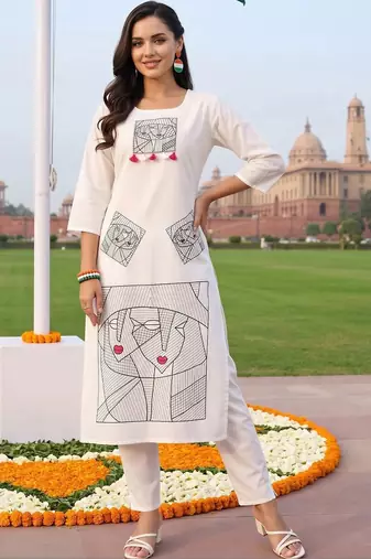 women printed regular cotton kurta with trousers
