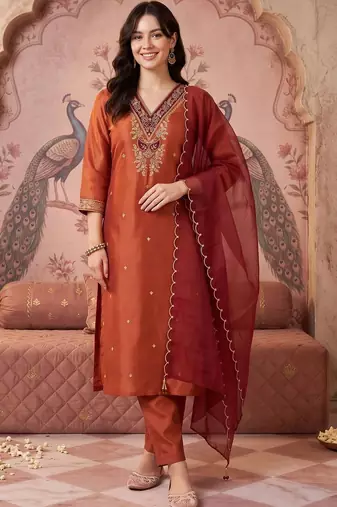 women ethnic motifs embroidered regular thread work kurta with trousers & with dupatta